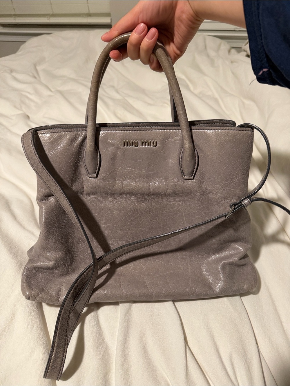 Authentic Miu Miu Vitello Shine Peltro Gray Leather Bag